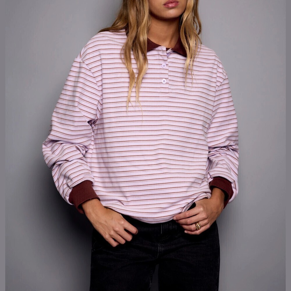 Pink Striped Contrast Burgundy Collar Button Front Long Sleeve Polo Top